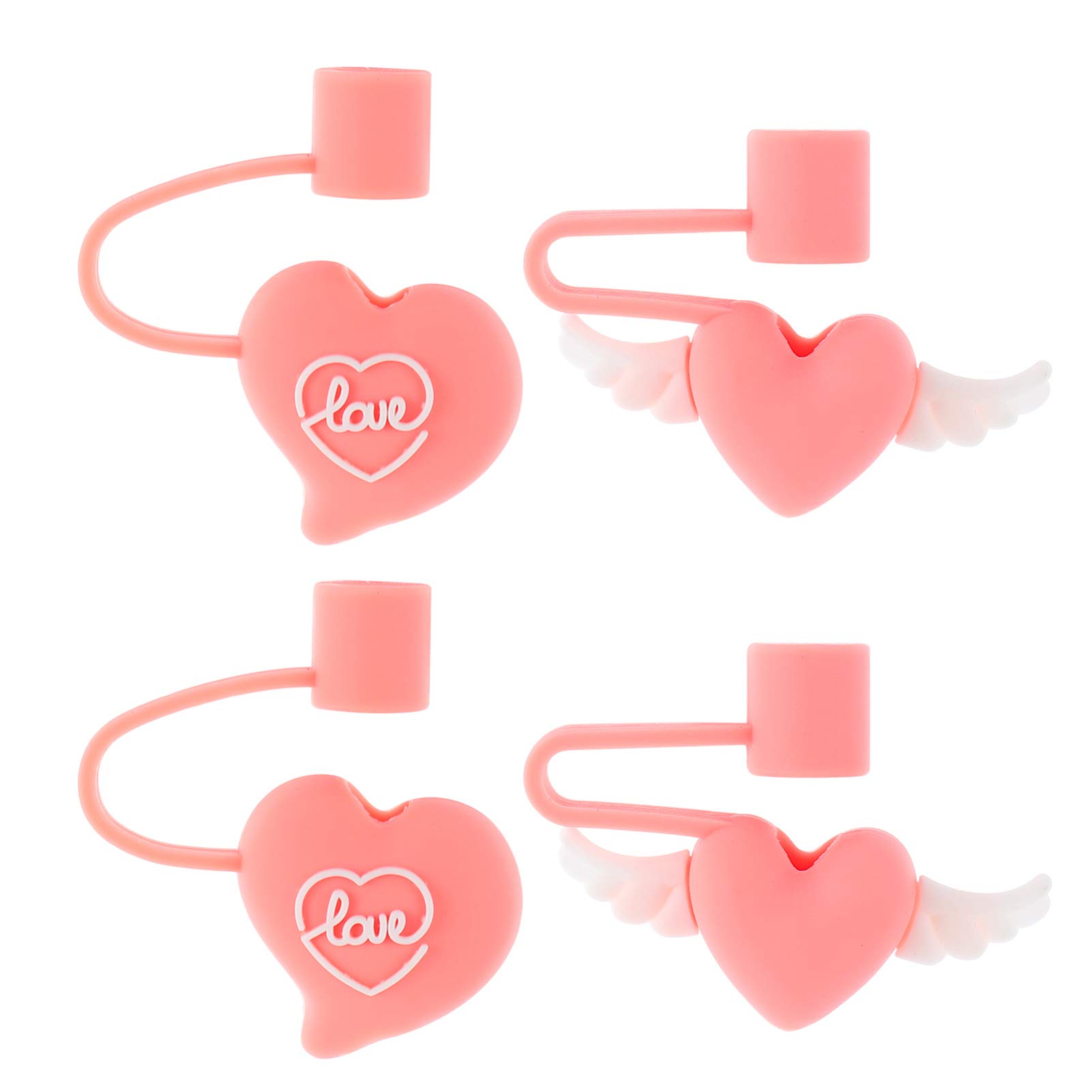 ABOOFAN 4pcs Straw Tips Cover Silicone Reusable Dust-Proof Heart Wing Drinking Straw Tips Lids Plugs Decorative Straw Cap Party Supplies(Pink White)