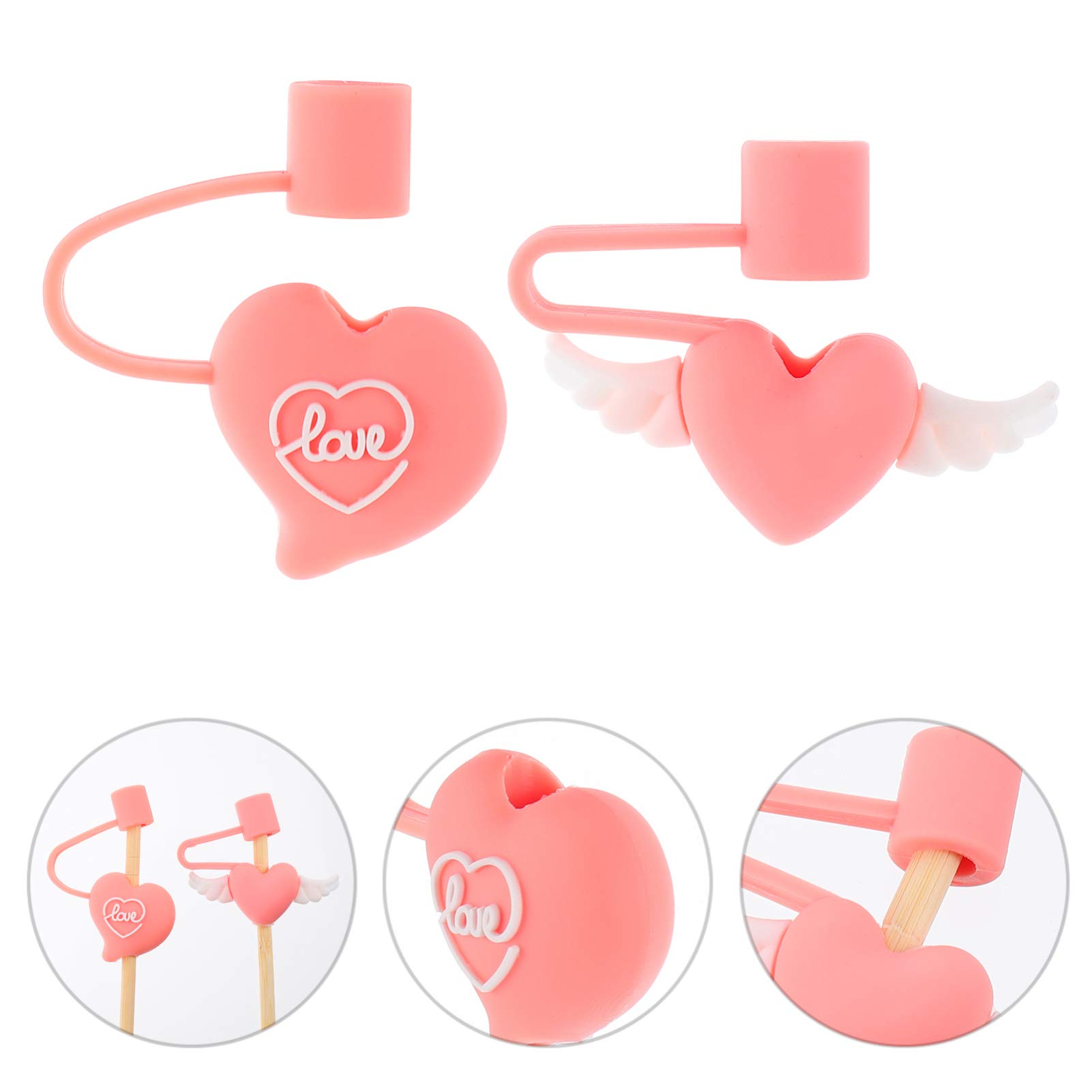 ABOOFAN 4pcs Straw Tips Cover Silicone Reusable Dust-Proof Heart Wing Drinking Straw Tips Lids Plugs Decorative Straw Cap Party Supplies(Pink White)