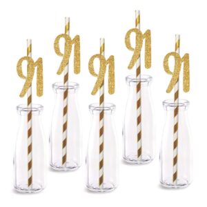 91st birthday paper straw decor, 24-pack real gold glitter cut-out numbers happy 91 years party decorative straws