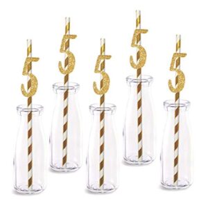 5th birthday paper straw decor, 24-pack real gold glitter cut-out numbers happy 5 years party decorative straws