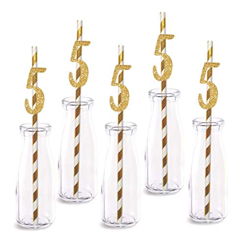 5th Birthday Paper Straw Decor, 24-Pack Real Gold Glitter Cut-Out Numbers Happy 5 Years Party Decorative Straws