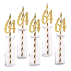 64th birthday paper straw decor, 24-pack real gold glitter cut-out numbers happy 64 years party decorative straws