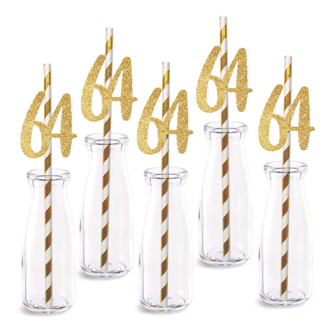 64th Birthday Paper Straw Decor, 24-Pack Real Gold Glitter Cut-Out Numbers Happy 64 Years Party Decorative Straws