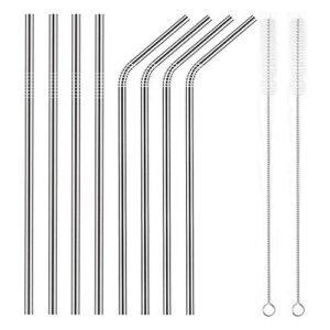 set of 8 in 1 pack reusable stainless steel metal straws- long 215mm- regular size 6 mm wide - compatible - 4 straight+ 4 bent+ 2 brushes+ 8 silicon tip+ 1 pouch (silver, 8.5inch)