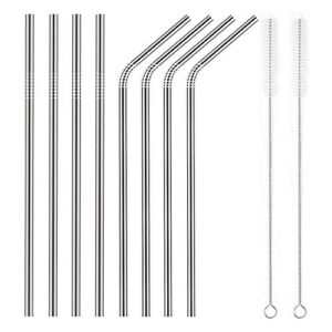 Set of 8 in 1 pack Reusable Stainless Steel Metal Straws- Long 215mm- Regular Size 6 mm Wide - Compatible - 4 Straight+ 4 Bent+ 2 Brushes+ 8 silicon tip+ 1 Pouch (silver, 8.5inch)