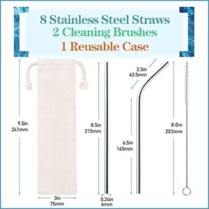 Set of 8 in 1 pack Reusable Stainless Steel Metal Straws- Long 215mm- Regular Size 6 mm Wide - Compatible - 4 Straight+ 4 Bent+ 2 Brushes+ 8 silicon tip+ 1 Pouch (silver, 8.5inch)