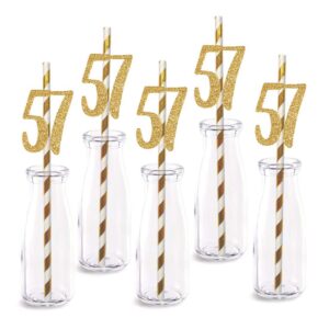 57th birthday paper straw decor, 24-pack real gold glitter cut-out numbers happy 57 years party decorative straws