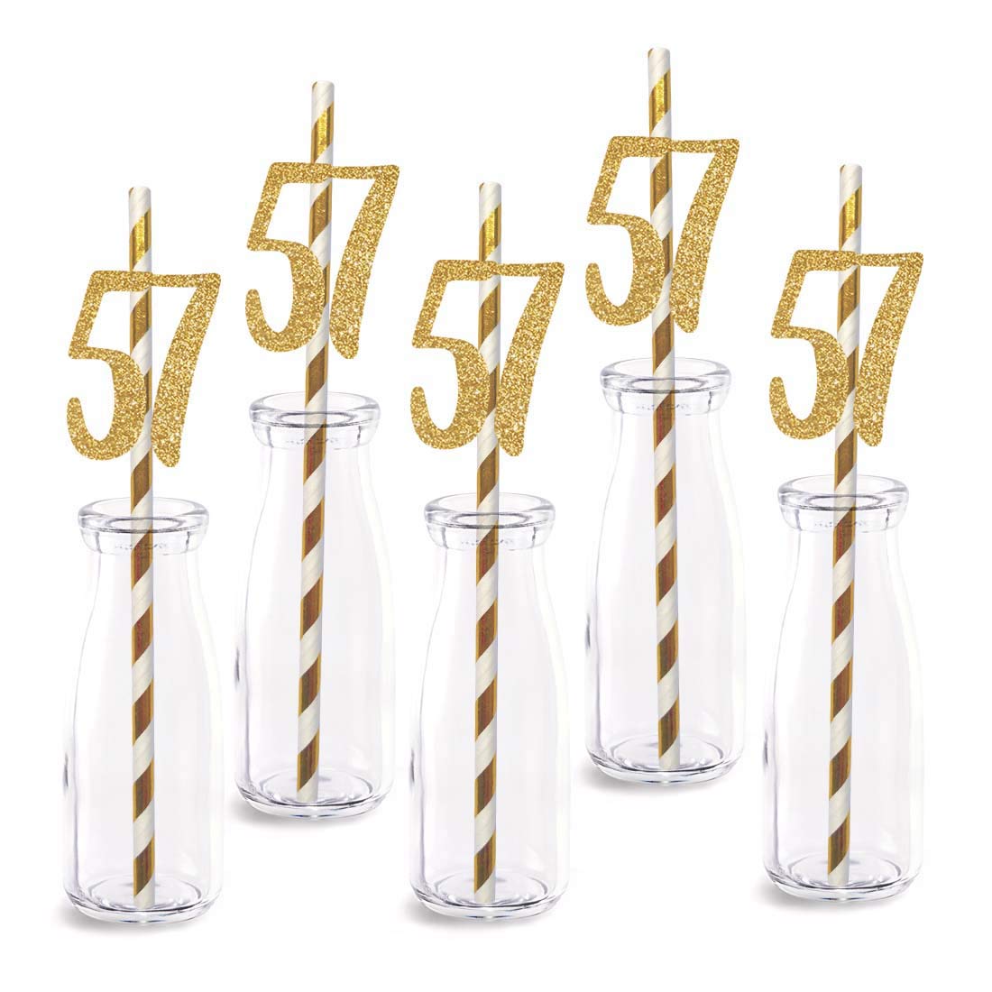 57th Birthday Paper Straw Decor, 24-Pack Real Gold Glitter Cut-Out Numbers Happy 57 Years Party Decorative Straws