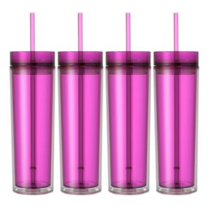 set of 4 double wall skinny acrylic tumblers 16 oz, with straws (pink)