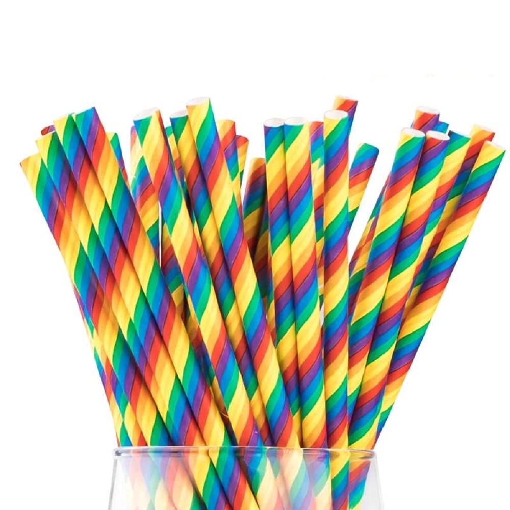 Luckydo Biodegradable Striped Paper Straws,Paper Drinking Straws for Party, Events and Crafts,Baby Shower Decorations 7.75 Inches, 100 Pack (Rainbow Striped)