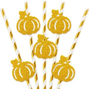 whaline 50pcs thanksgiving fall pumpkin paper straws glitter gold foil white stripe disposable straws fall harvest drinking straws with glue points for autumn thanksgiving wedding party table decor