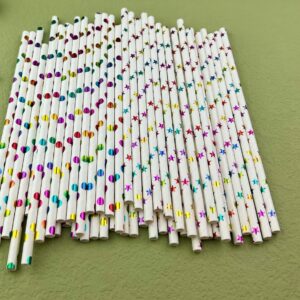 100 pcs Rainbow Foil Polka Dot and Star Paper Straws, Colorful Metallic Shiny Blue Green Gold Red Pink Party Drinking Straws Bulk, Kids Wedding Holiday Birthday Cake Pop Sticks (Mixed 2 Styles)