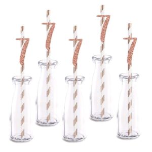 rose happy 7th birthday straw decor, rose gold glitter 24pcs cut-out number 7 party drinking decorative straws, supplies