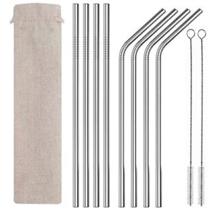 electriduct set of 8 stainless steel reusable metal drinking straws with cleaning brushes and pouch. 8.5 inch straw fits 20 oz yeti rtic tumblers