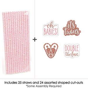 It’s Twin Girls - Paper Straw Decor - Pink and Rose Gold Twins Baby Shower Striped Decorative Straws - Set of 24