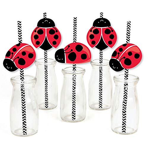 Happy Little Ladybug - Paper Straw Decor - Baby Shower or Birthday Party Striped Decorative Straws - Set of 24