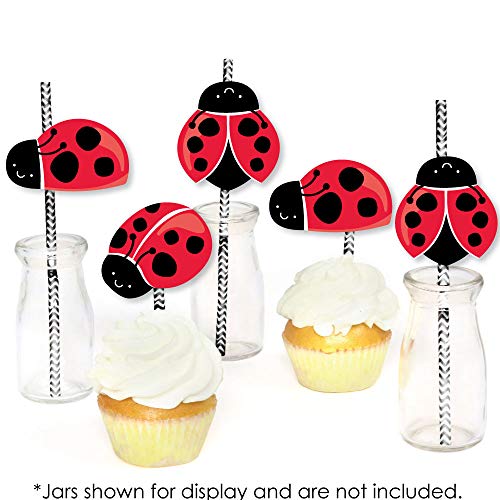 Happy Little Ladybug - Paper Straw Decor - Baby Shower or Birthday Party Striped Decorative Straws - Set of 24