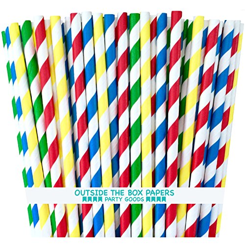 Outside the Box Papers Lego Theme Striped Paper Straws 7.75 Inches 100 Pack Blue, Red, Green, Yellow, White