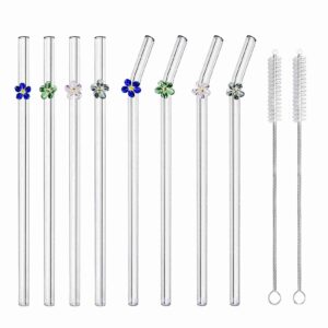 salikate 8 pcs reusable glass drinking straws, 7.9in x 8mm, colorful shatter resistant glass smoothie straws with rose flower,with 2 cleaning brushes,for beverages,shakes,juices transparent s