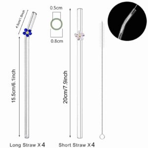 SALIKATE 8 PCS Reusable Glass Drinking Straws, 7.9in X 8mm, Colorful Shatter Resistant Glass Smoothie Straws with Rose Flower,with 2 Cleaning Brushes,for Beverages,Shakes,Juices Transparent S