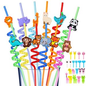 24 reusable jungle animal straws, meetory plastic party drinking straws,curly crazy straws with 20 fruit forks for party favor kids truck decorations birthday supplies gift, 12 styles