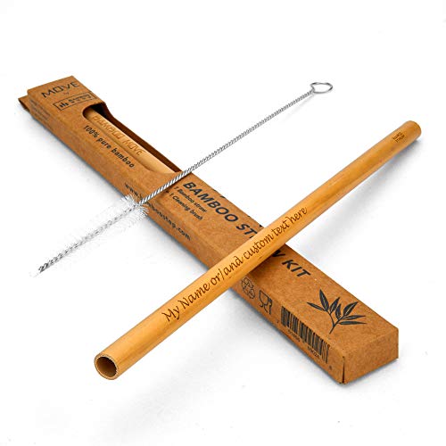 Personalized Bamboo Straw Individual kit - MOVE Line by Bamboo Step: 1 Reusable Straw and a cleaning brush in a kraft paper box. Laser Engraving of Custom Text. (Regular Diameter size)