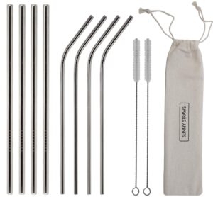 sunny straws re usable ultra-long stainless steel straw set including (2) brushes & (1) linen pouch - perfect for cold drinks and tumblers (silver)