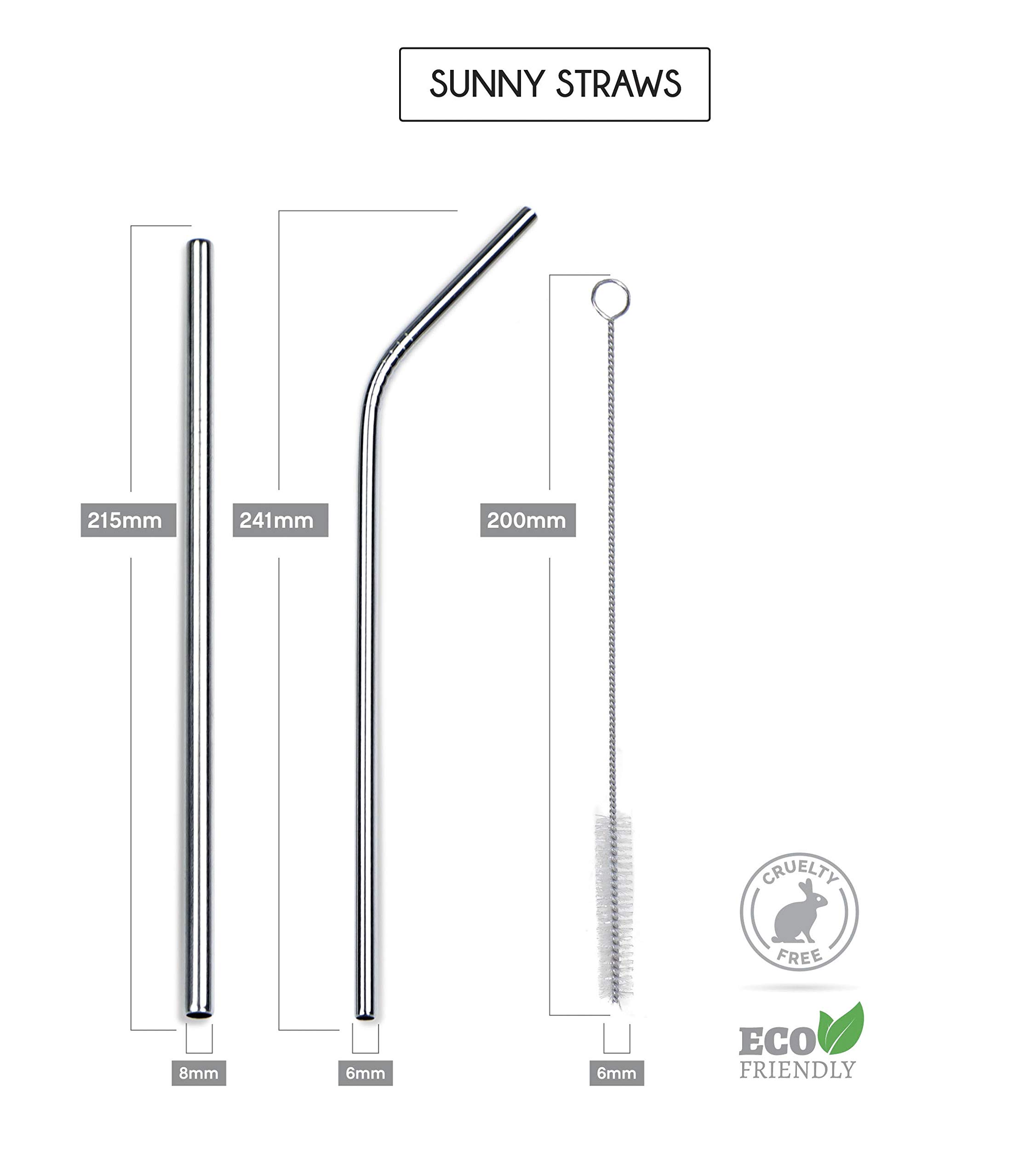 Sunny Straws Re usable Ultra-Long Stainless Steel Straw Set Including (2) Brushes & (1) Linen Pouch - PERFECT FOR COLD DRINKS AND TUMBLERS (Silver)