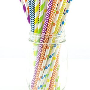 Rainbow Party Straws, Wedding Candy Buffet Straws, Fancy Drinking Straws, Kids Party Paper Straws, 75 Pack - Rainbow Color Multi Design Straws