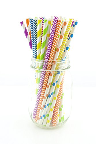 Rainbow Party Straws, Wedding Candy Buffet Straws, Fancy Drinking Straws, Kids Party Paper Straws, 75 Pack - Rainbow Color Multi Design Straws