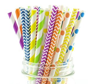rainbow party straws, wedding candy buffet straws, fancy drinking straws, kids party paper straws, 75 pack - rainbow color multi design straws
