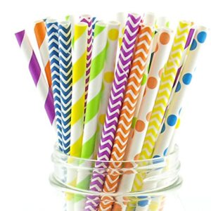 Rainbow Party Straws, Wedding Candy Buffet Straws, Fancy Drinking Straws, Kids Party Paper Straws, 75 Pack - Rainbow Color Multi Design Straws