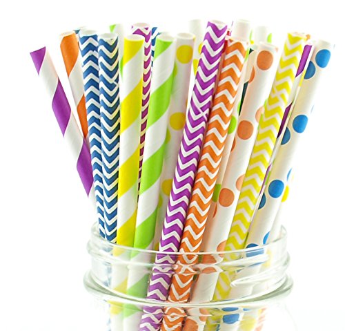 Rainbow Party Straws, Wedding Candy Buffet Straws, Fancy Drinking Straws, Kids Party Paper Straws, 75 Pack - Rainbow Color Multi Design Straws