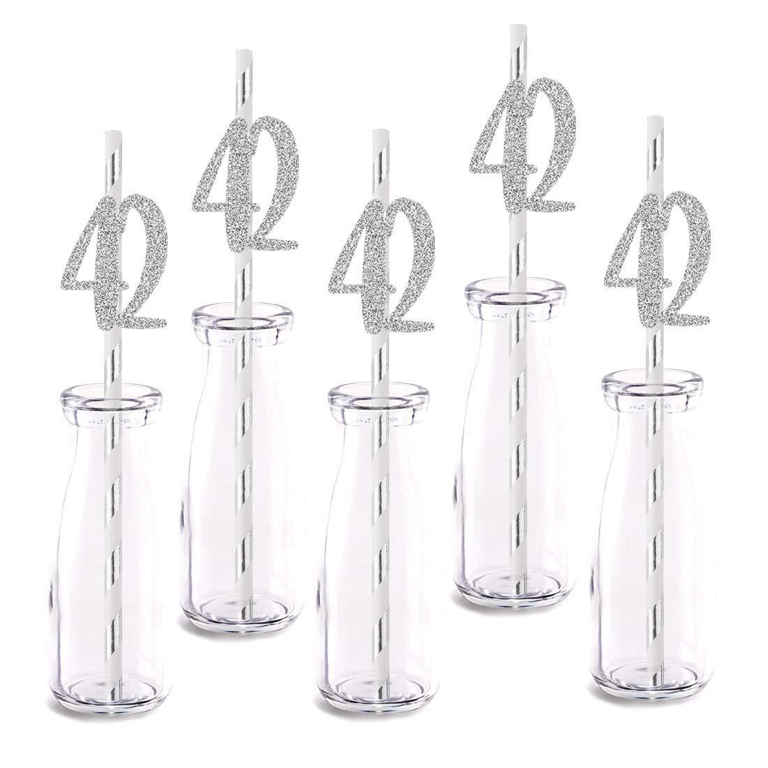 Silver Happy 42nd Birthday Straw Decor, Silver Glitter 24pcs Cut-Out Number 42 Party Drinking Decorative Straws, Supplies