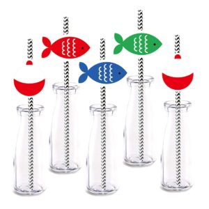gone fishing party straw decor, 24-pack fisherman fish baby shower kids birthday party decorations, paper decorative straws