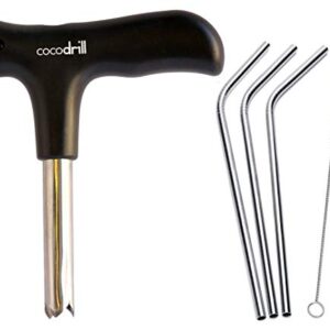 CocoDrill Coconut Opener Tool + 3 Reusable Straws -COMBO PACK - Stainless Steel Drinking Straw + Cleaner - Eco Friendly, SAFE, NON-TOXIC