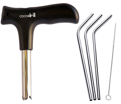 CocoDrill Coconut Opener Tool + 3 Reusable Straws -COMBO PACK - Stainless Steel Drinking Straw + Cleaner - Eco Friendly, SAFE, NON-TOXIC