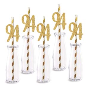 94th birthday paper straw decor, 24-pack real gold glitter cut-out numbers happy 94 years party decorative straws
