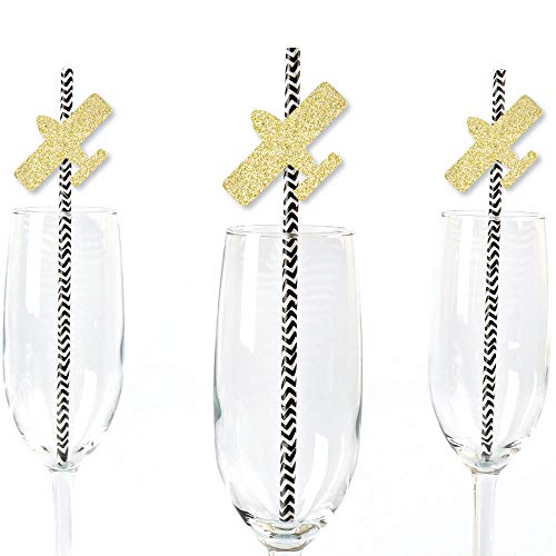 Gold Glitter Airplane Party Straws - No-Mess Real Gold Glitter Cut-Outs and Decorative Baby Shower or Birthday Party Paper Straws - Set of 24