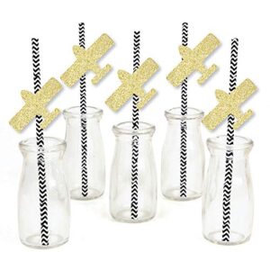 Gold Glitter Airplane Party Straws - No-Mess Real Gold Glitter Cut-Outs and Decorative Baby Shower or Birthday Party Paper Straws - Set of 24