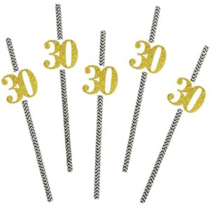 glitter gold / rose gold 30th birthday black and gold paper straw decoration - decorative straws - set of 24 (gold)
