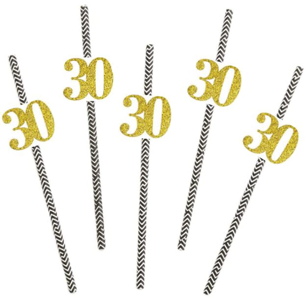 Glitter Gold / Rose Gold 30th Birthday Black and Gold Paper Straw Decoration - Decorative Straws - Set of 24 (Gold)