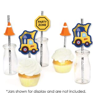 Construction Truck Paper Straw Decor - Baby Shower or Birthday Party Striped Decorative Straws - Set of 24