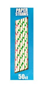 paper straws for parties, weddings, baby showers white with pink or green polka dot dots unisex – disposable & eco-friendly, 100% biodegradable – boxed 50 count