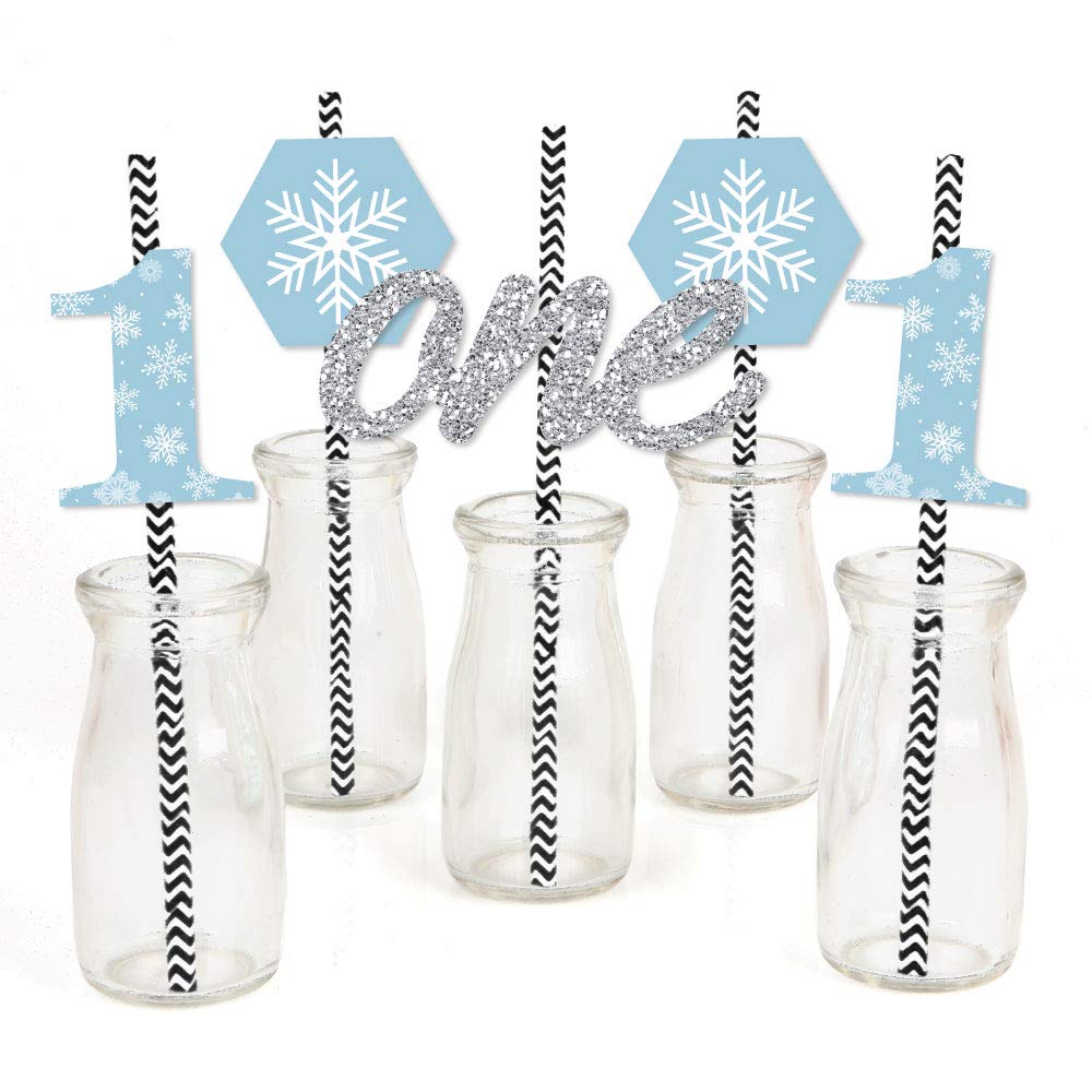 Big Dot of Happiness Onederland - Paper Straw Decor - Holiday Snowflake Winter Wonderland Birthday Party Striped Decorative Straws - Set of 24