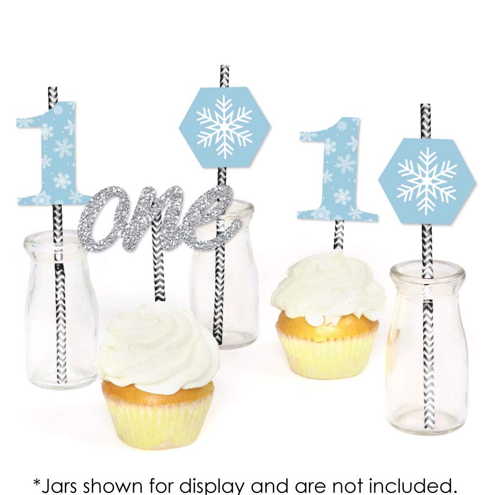 Big Dot of Happiness Onederland - Paper Straw Decor - Holiday Snowflake Winter Wonderland Birthday Party Striped Decorative Straws - Set of 24