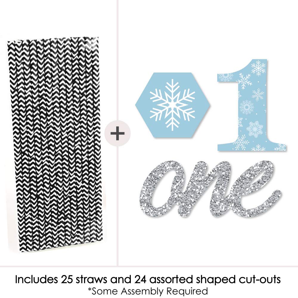 Big Dot of Happiness Onederland - Paper Straw Decor - Holiday Snowflake Winter Wonderland Birthday Party Striped Decorative Straws - Set of 24