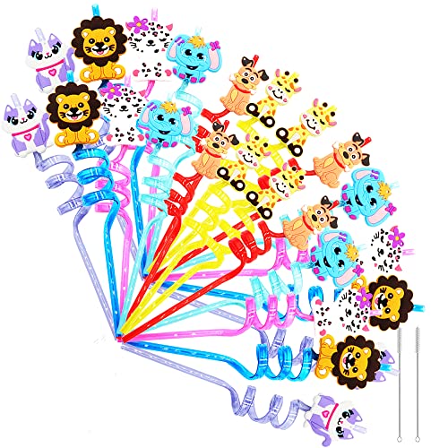 zhenzhe 24 Jungle Party Favors Reusable Straws, Jungle Animal Plastic Straws, Animal Theme Drinking Straws for Kids Jungle Birthday