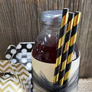 Black and Gold Foil Paper Straws - Striped - 7.75 Inches - 100 Pack Outside the Box Papers Brand