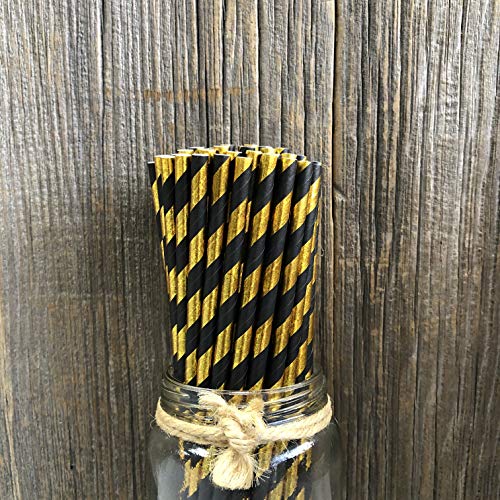 Black and Gold Foil Paper Straws - Striped - 7.75 Inches - 100 Pack Outside the Box Papers Brand